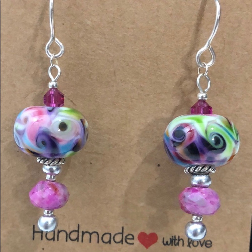 ARTISAN LAMPWORK EARRING - 925 STERLING SILVER DANGLE MULTICOLOR  RONDELLE BEADS